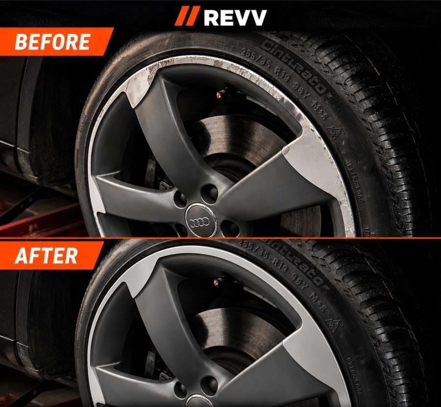 Audi wheel curb rash repair, before and after