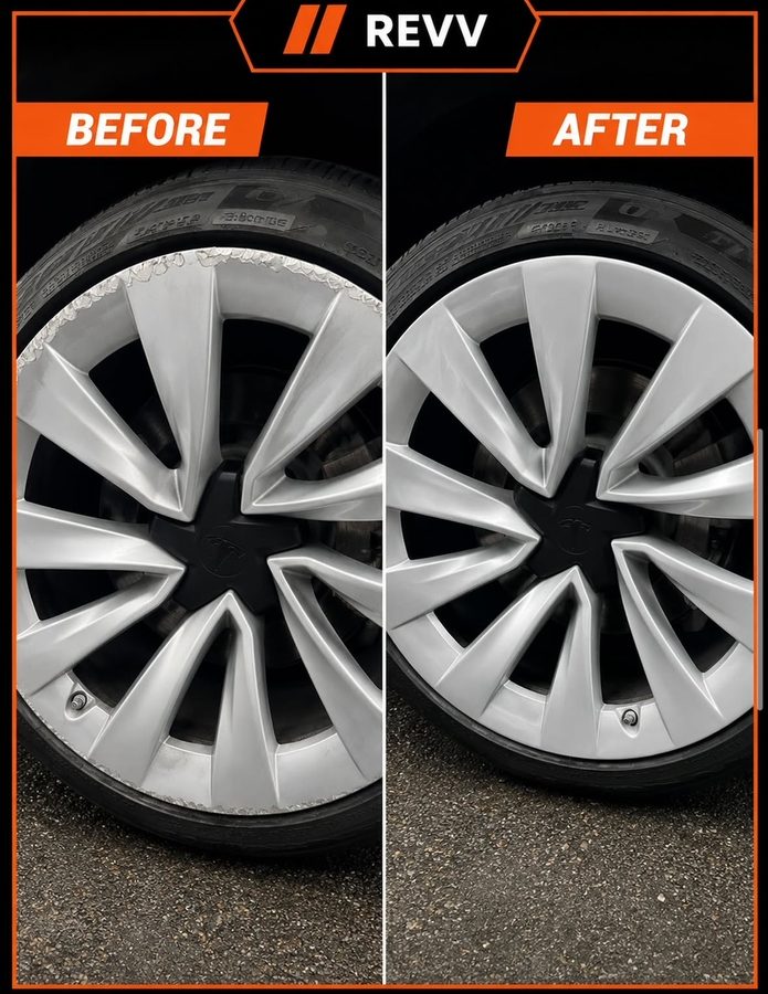 Tesla wheel refinish, before and after